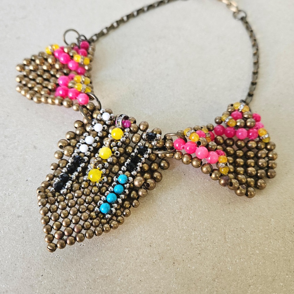 Anthropologie Pam‎ Hiran Beaded Bib Necklace Brass Pink Yellow Statement Jewelry